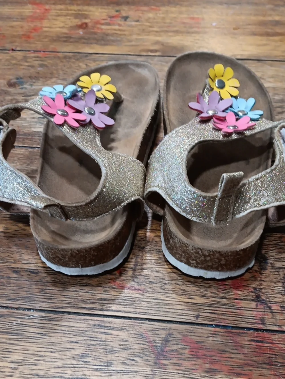 Kids Glitter Gold Flower Thong Sandals with Multicolor Blossoms